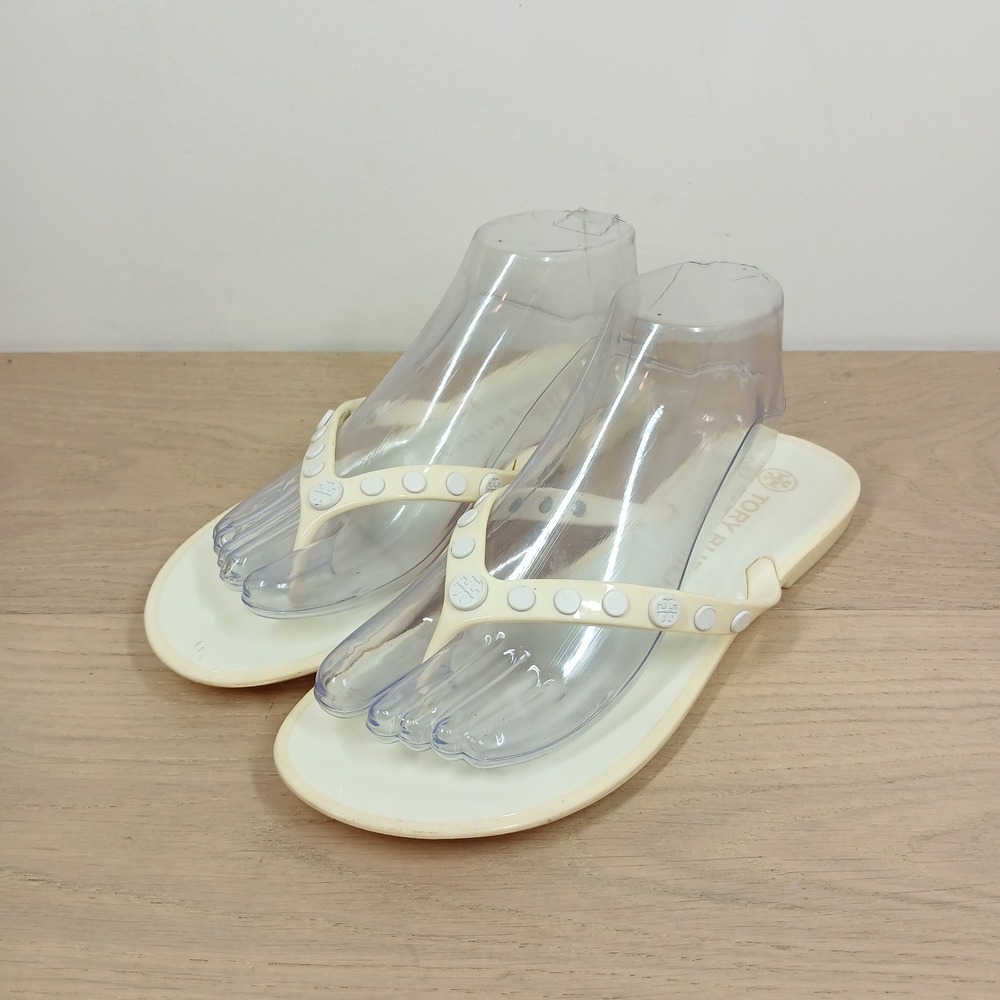 Tory Burch Sandals Women 8 Ivory Rubber Studded Logo Flip Flops Resort Beach